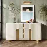 Modern sideboard with decorative items against a green wall