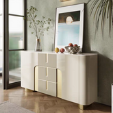 Modern interior with a white sideboard, decorative items, and a painting on a wall.