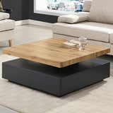 Modern coffee table with wooden top and black base in a living room setting.