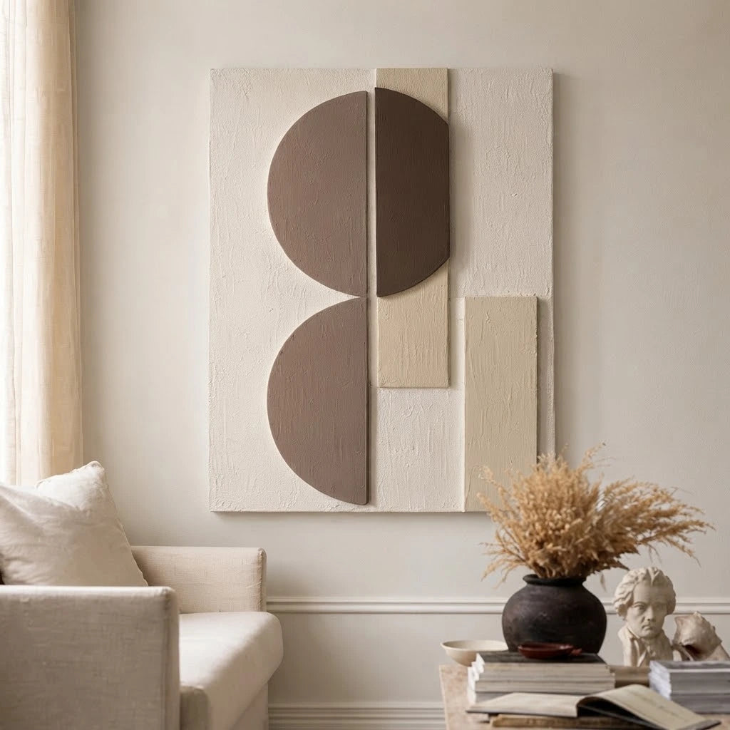 DUAL ARC Wall Art with geometric shapes styled above a beige sofa.