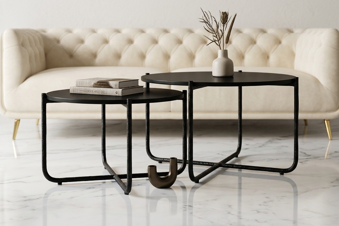 Modern living room with a cream sofa and black coffee tables.