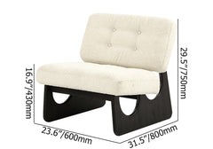 Beige chair with black base and measurements on a white background