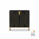 A straight-on, isolated product shot of the black and gold geometric buffet console on a white background, displaying its full design and gold legs. Zama Home Store logo is visible.