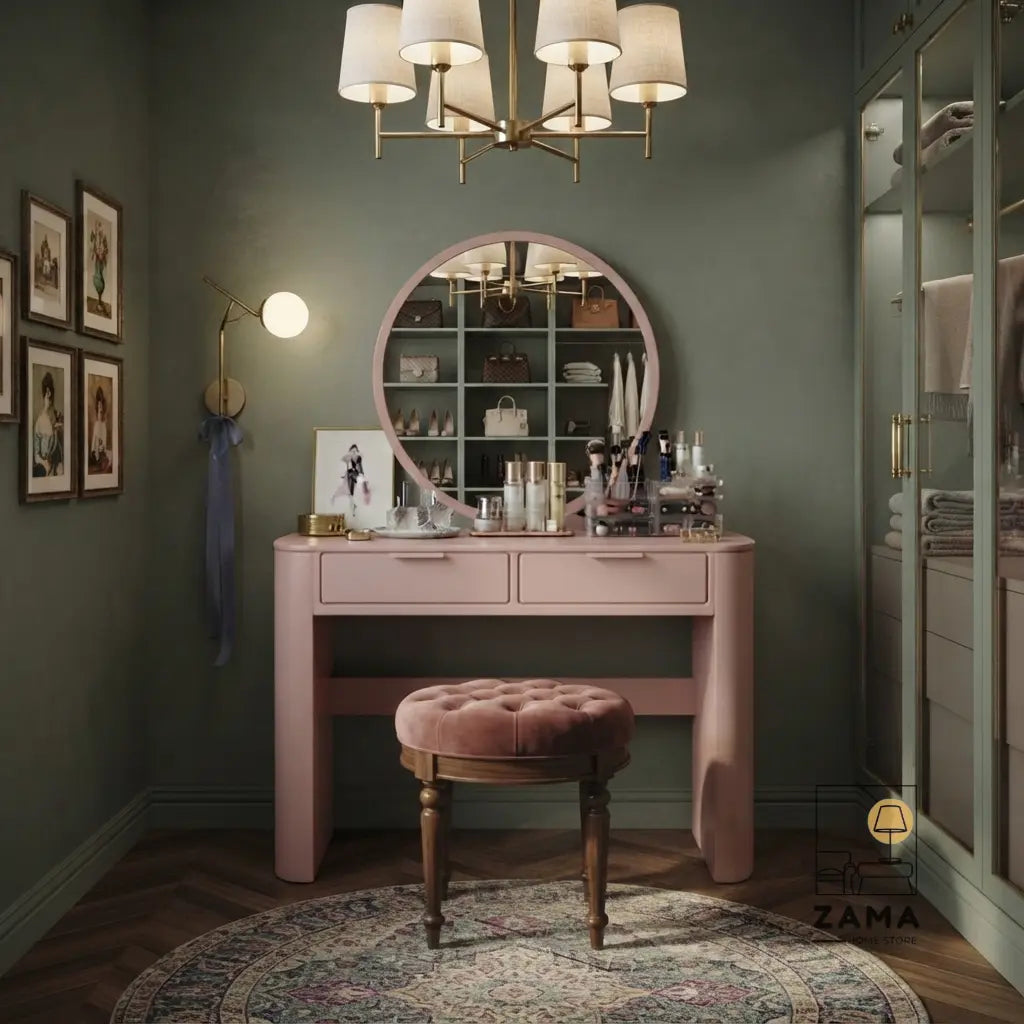 Pink modern makeup vanity with a circular mirror and matching stool in a luxury green walk-in closet.