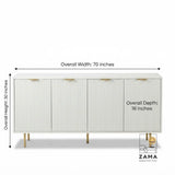 Dimensions diagram of the Quinn white fluted sideboard showing width, height, and depth measurements.