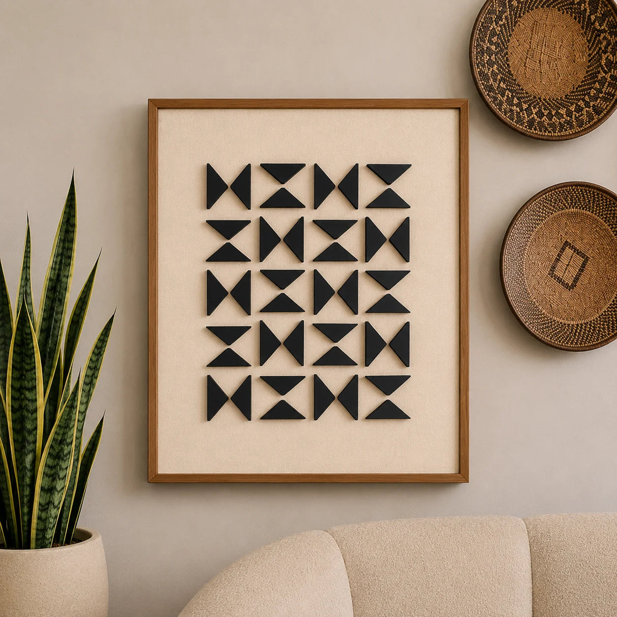 RIDGE Wall Art with black geometric shapes on linen, styled in a living room.