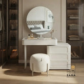 Strata Modular Vanity styled in a luxury walk-in dressing room with a glass-top display, drawers, and matching boucle stool