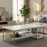 Marble coffee table with gold frame in a living room setting