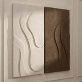 BOUCLE FLOW Wall Art showing 3D textured white and brown panels at an angle.