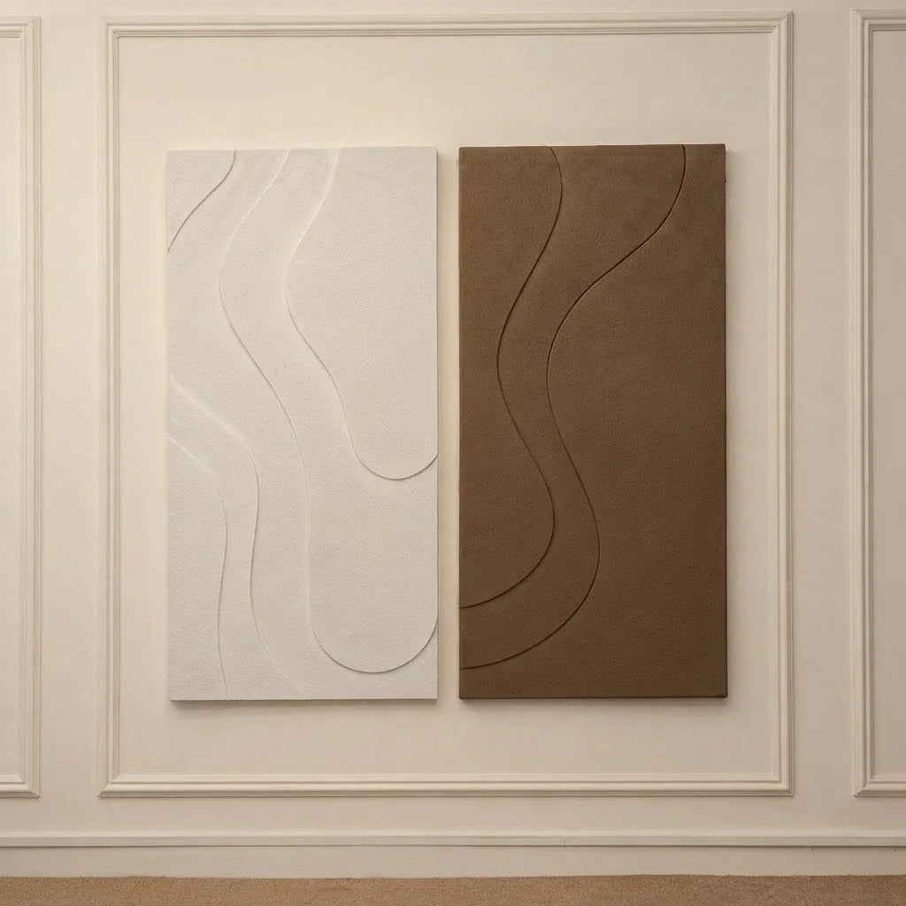Front view of BOUCLE FLOW Wall Art with wavy lines on white and brown textured panels.