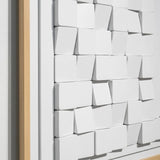 Close-up of Luxora Grid Wall Art showing the textured 3D white blocks and natural oak frame details.