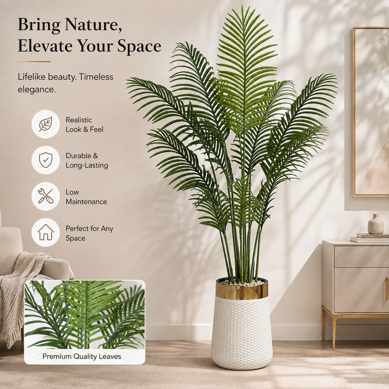 ealistic artificial palm plant with white woven gold planter for indoor home decor