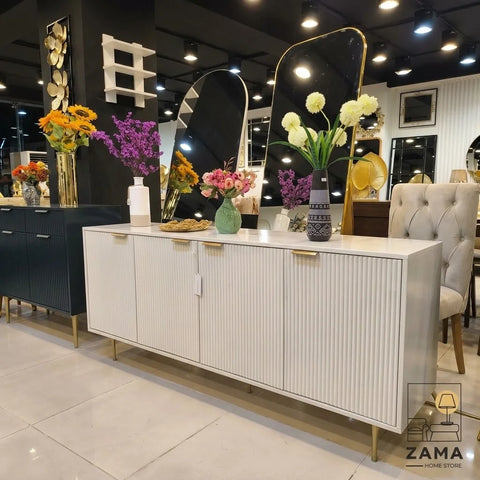 Modern white fluted sideboard with gold legs by Zama Home Store in a showroom display