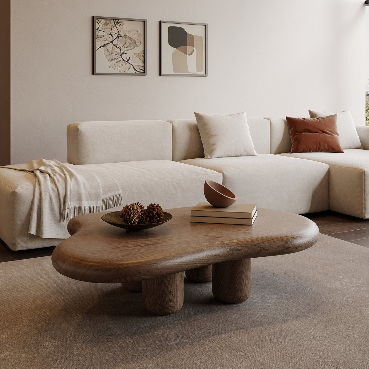 Modern living room with a wooden coffee table and beige sofa.