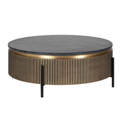 Round coffee table with bronze base and dark top on a white background
