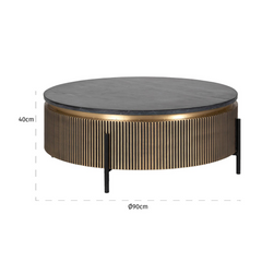 Round coffee table with dimensions on a white background
