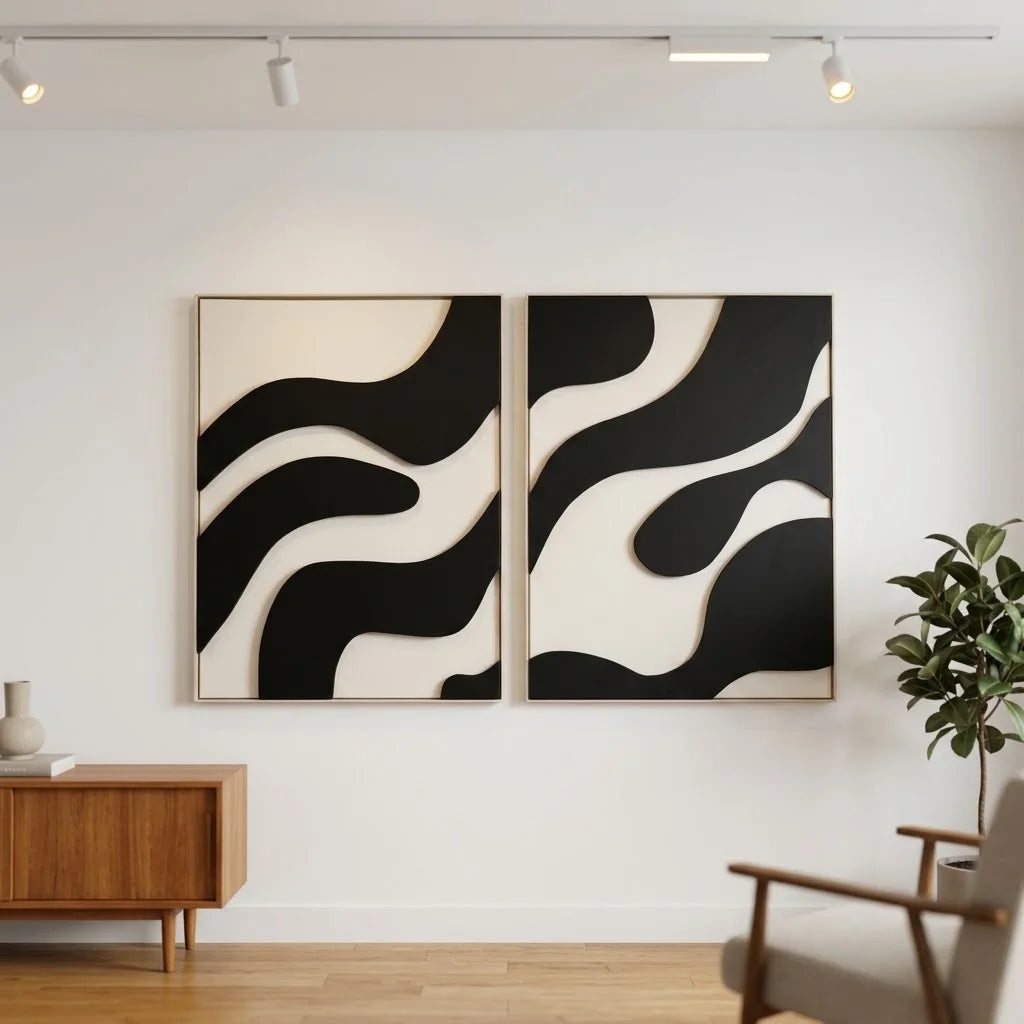 SELENE Wall Art featuring black and cream 3D flowing shapes hanging in a modern room.