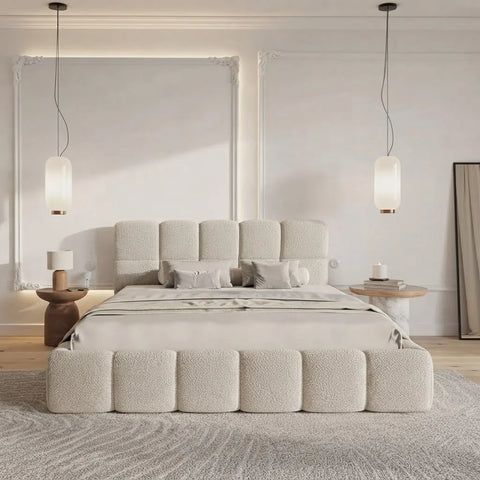 Front view of Zama Home Store Gloria boucle bed in a modern bedroom with lights