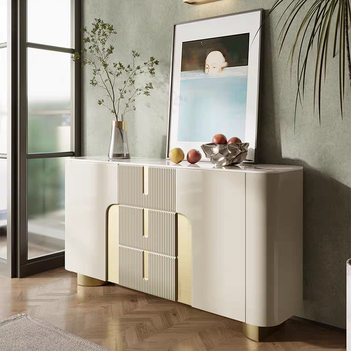 Modern interior with a white sideboard, decorative items, and a painting on a wall.