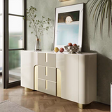 Modern interior with a white sideboard, decorative items, and a painting on a wall.
