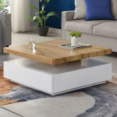 Modern living room with a wooden and white coffee table, sofa, and decorative items.