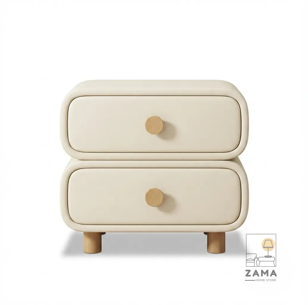 Studio product shot of a modern cream upholstered nightstand with two drawers and wooden legs on a white background.