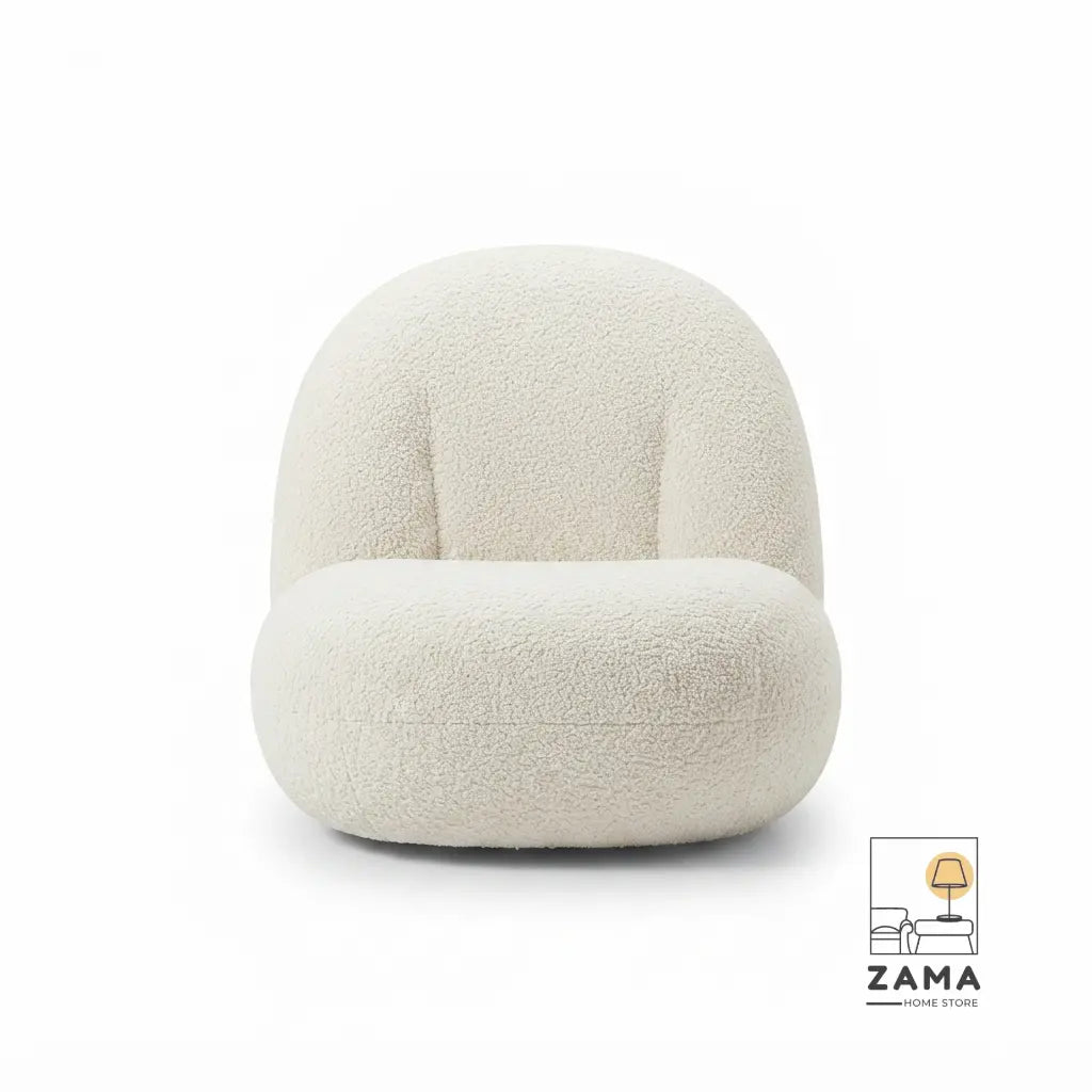 Front studio product shot of the Zama Home Store white bouclé lounge chair on a seamless white background, highlighting its rounded shape.