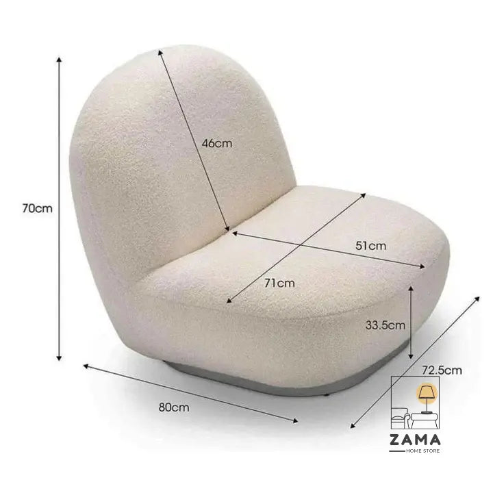 Technical dimension drawing of the Zama Home Store white bouclé lounge chair with exact measurements in centimeters for height, width, and depth.