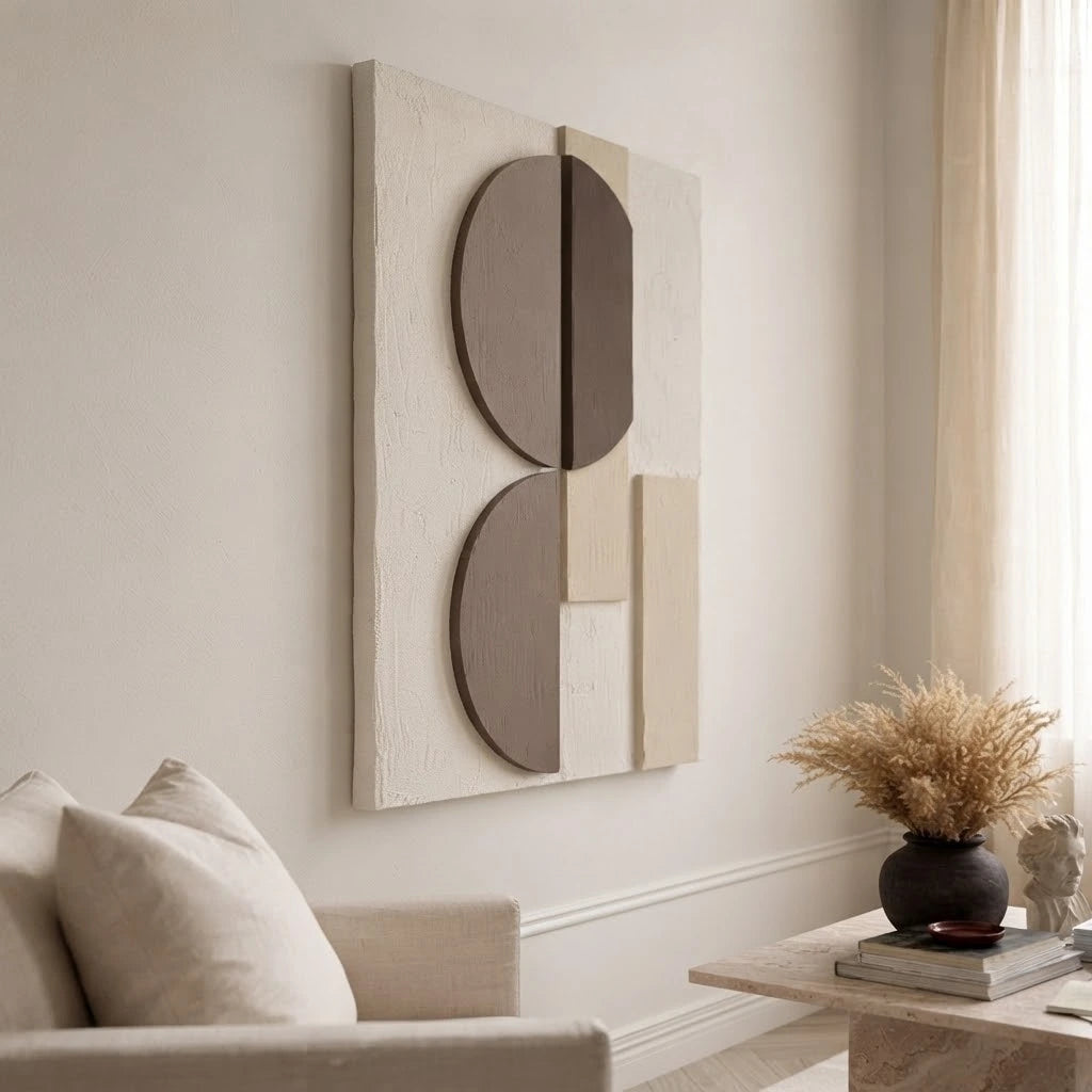 Textured DUAL ARC Wall Art showing 3D shadows beside a living room table.
