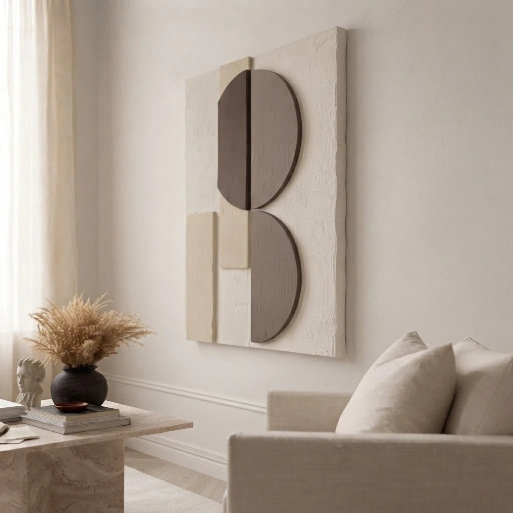 DUAL ARC textured wall panel with brown geometric shapes in a neutral room.