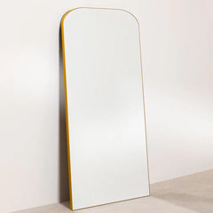 Tall, thin mirror with a gold frame on a white background