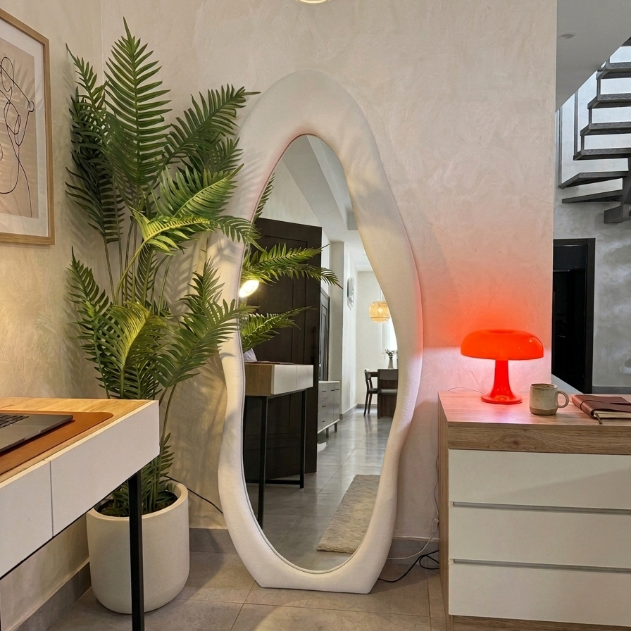 Modern interior with a large oval mirror, potted plant, and desk.