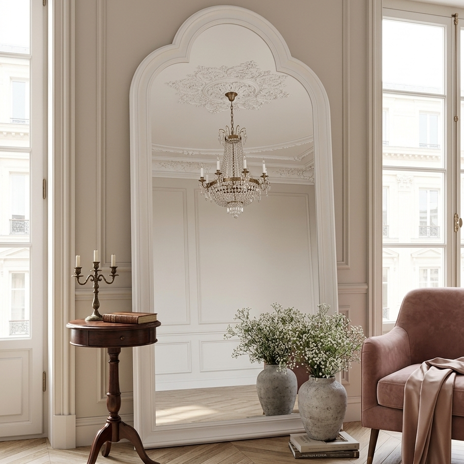 Large decorative mirror in a stylish room with a chandelier, table, and chair.