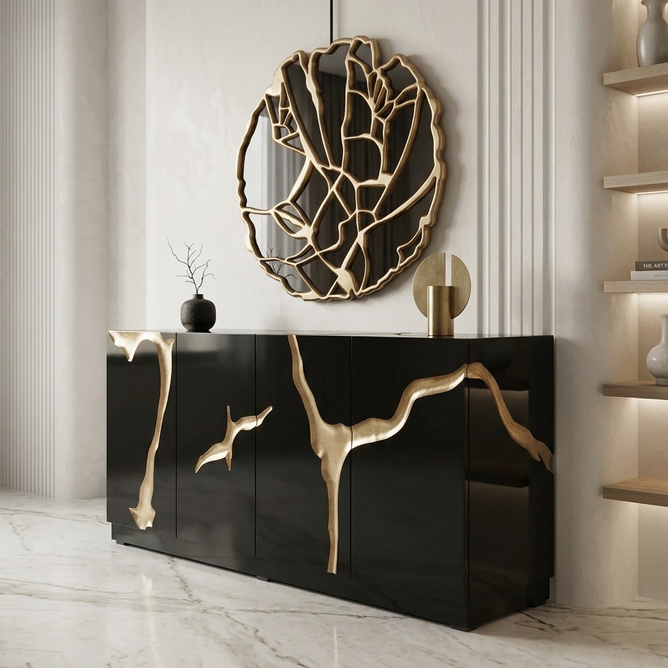 Modern interior with a black cabinet featuring gold leaf designs, a decorative wall mirror, and a small plant.