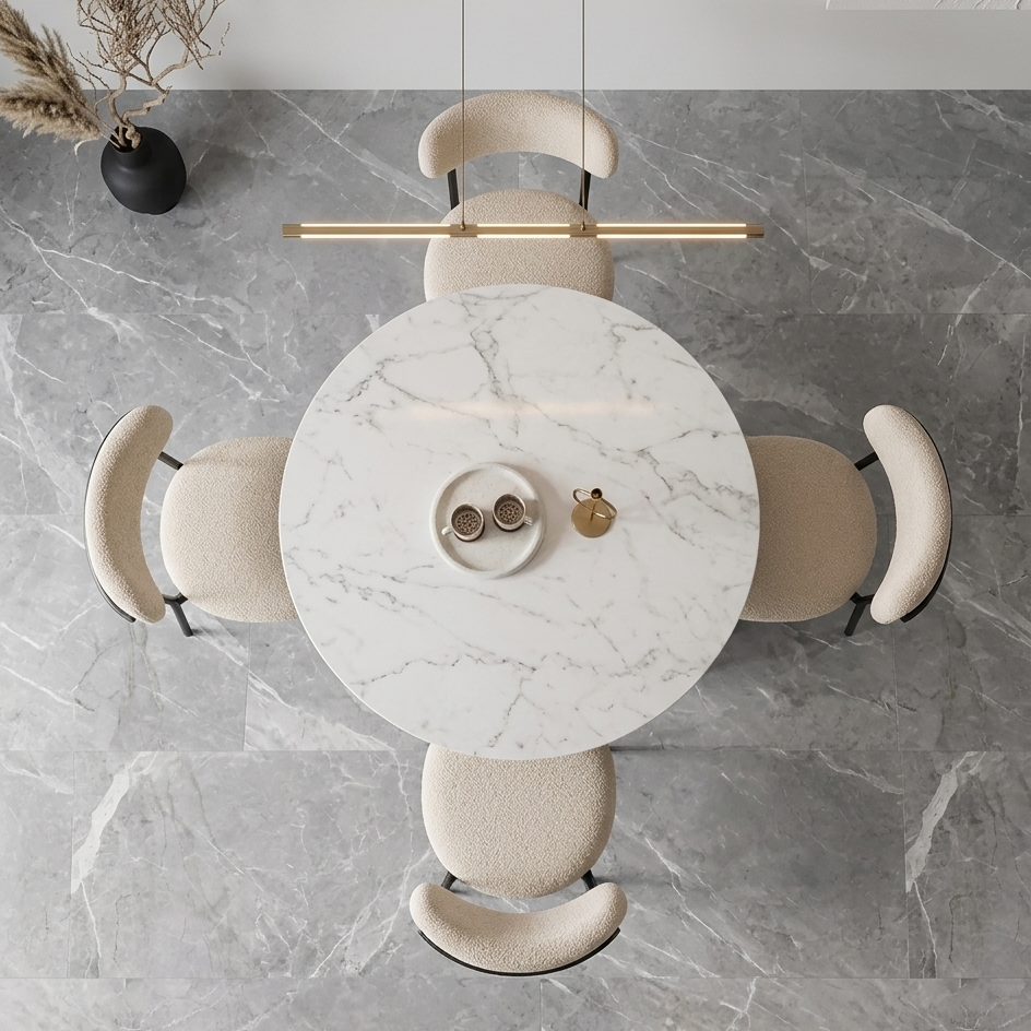 Modern pendant light fixture with marble-like surface on a gray marble background