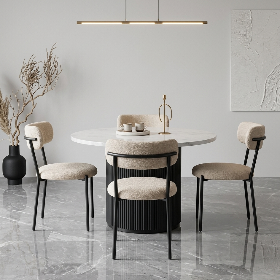 Modern dining set with round table and chairs in a minimalistic room.