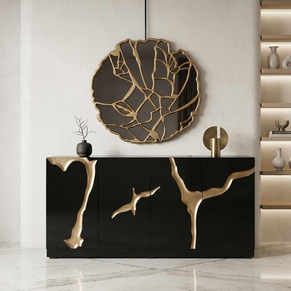 Modern black and gold sideboard with decorative wall mirror in a stylish interior setting.