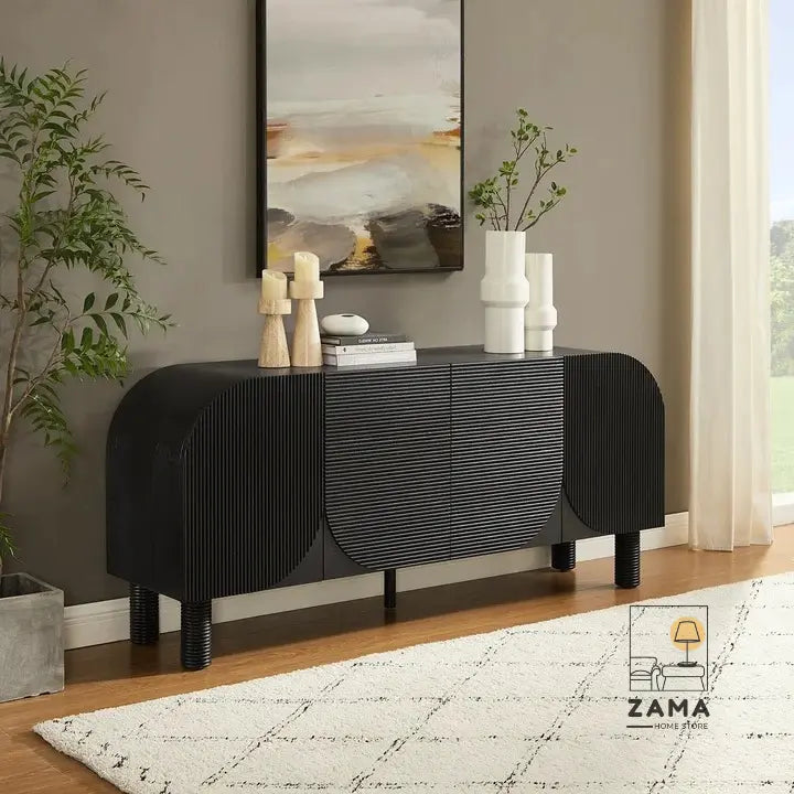 Premium Solstice Fluted Credenza from Zama Home Store displayed against a textured grey wall, showcasing its artisanal wood slats and rounded modern silhouette.