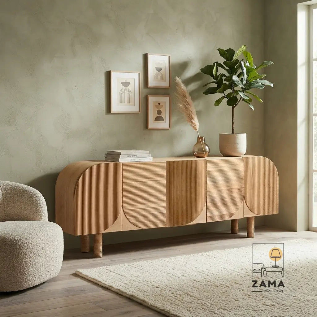 Close-up view of the Zama Home Store Solstice Fluted Credenza in natural oak, set against a calming sage green wall with minimalist geometric art.