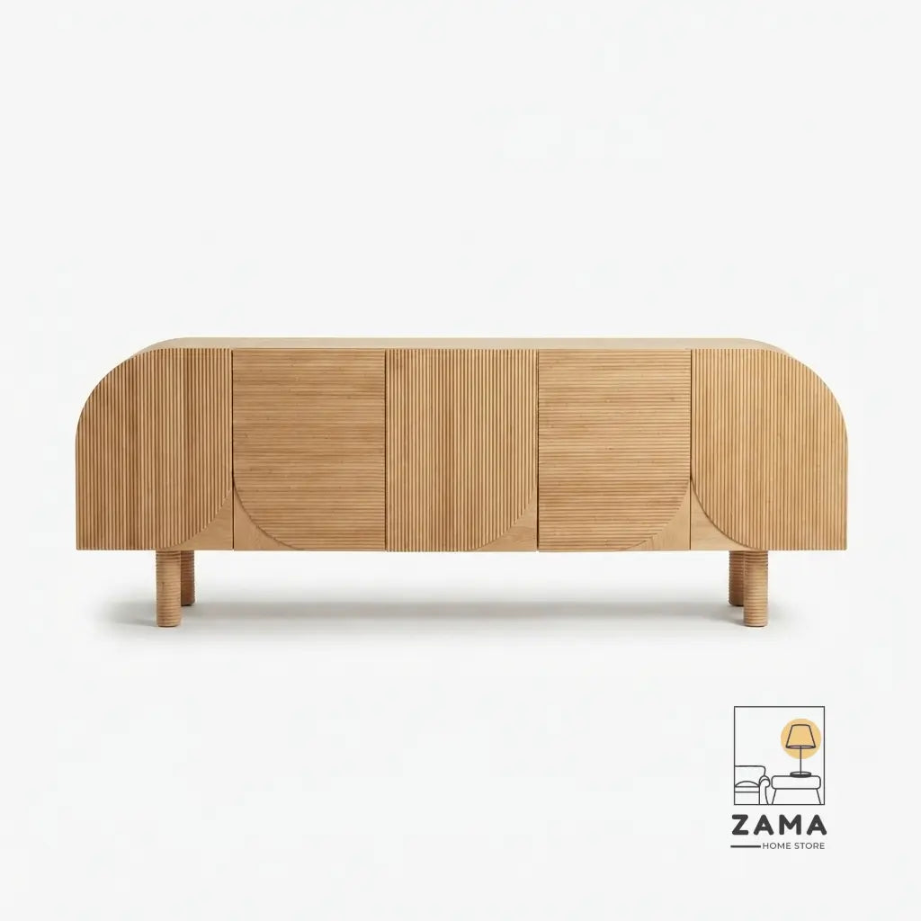 Sophisticated black Solstice Fluted Credenza from Zama Home Store in a Mediterranean-inspired room with terracotta tiles and a view of an olive tree.