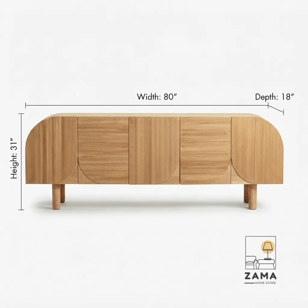 Studio product shot of the Zama Home Store Solstice Fluted Credenza on a white background, highlighting its four reeded doors and curved architectural design.
