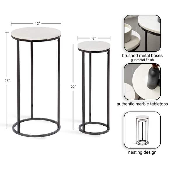 Two small round tables with dimensions, base material, and tabletop finish details on a white background.