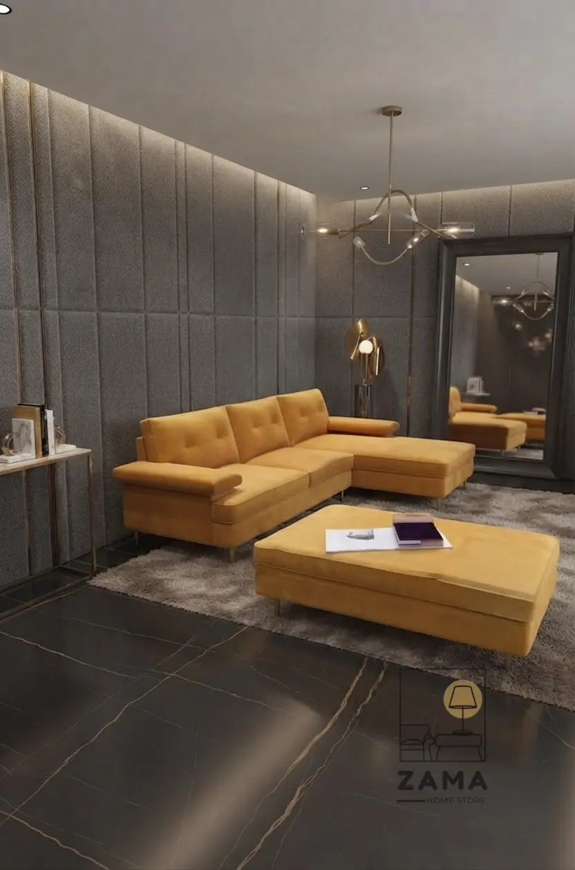 Wide view of luxury living room featuring Zama Home Store mustard yellow velvet L-shaped sofa and storage ottoman on a textured rug.
