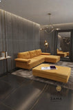 Wide view of luxury living room featuring Zama Home Store mustard yellow velvet L-shaped sofa and storage ottoman on a textured rug.