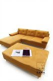 Isolated studio product shot of the Zama Home Store mustard velvet L-shape sofa and ottoman set against a white background.