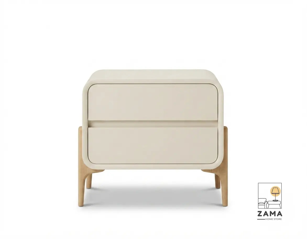 Modern white curved nightstand with two drawers and tapered natural wood legs, isolated on a clean white background.