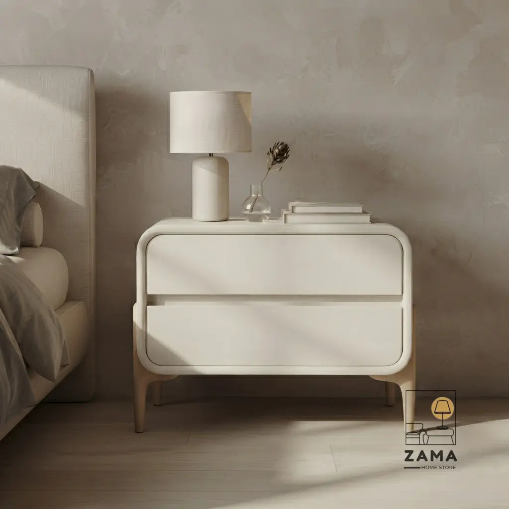 Modern minimalist white bedside table with rounded edges and wood base, positioned on the right side of a styled bedroom next to a bed