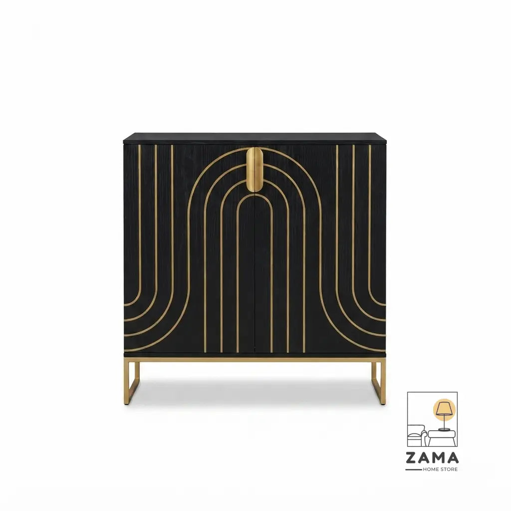 A straight-on, isolated product shot of the black and gold geometric buffet console on a white background, displaying its full design and gold legs. Zama Home Store logo is visible.