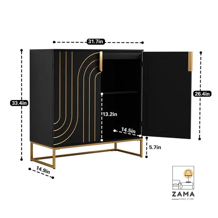 A technical diagram of the black and gold accent cabinet, showing its precise external and internal dimensions in inches with dotted measurement lines. Features the Zama Home Store logo.