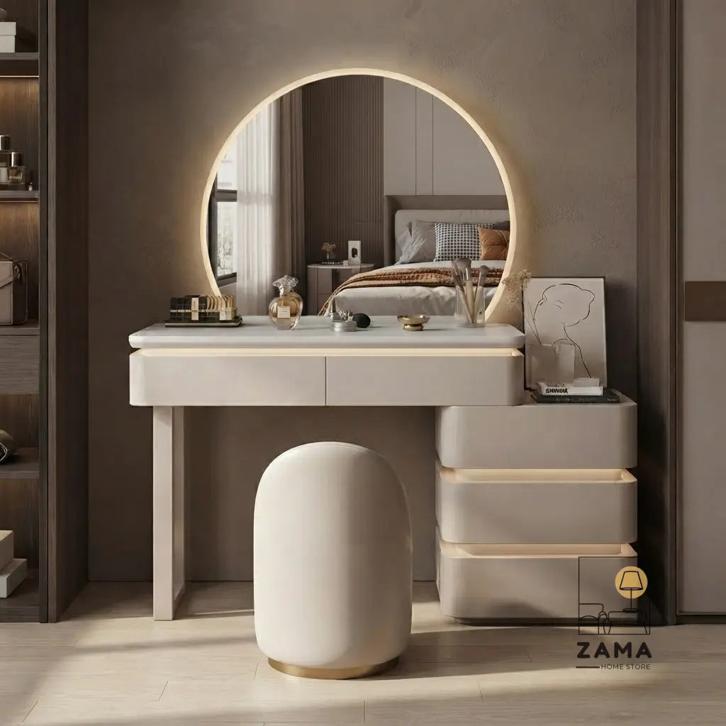 Zama Home Store modern luxury black vanity desk styled in a sophisticated bedroom with deep green walls.